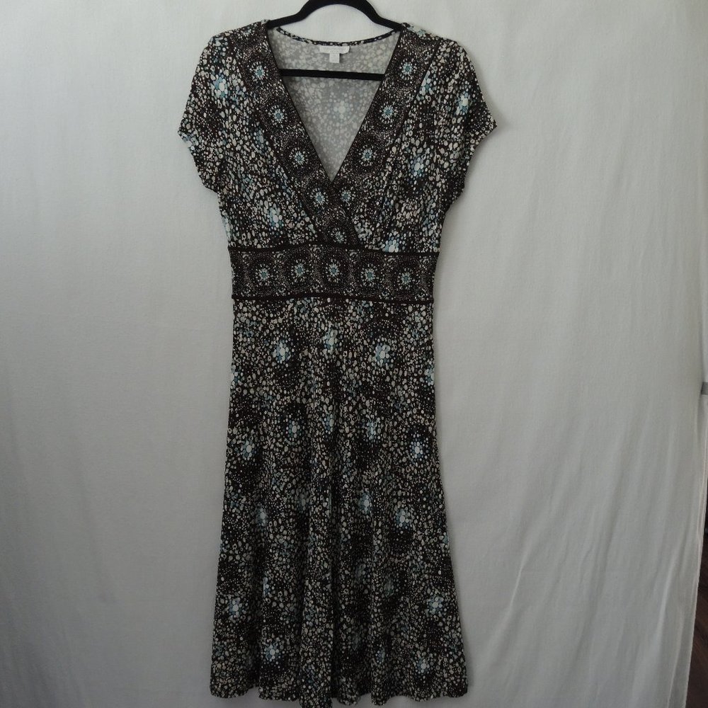 Charter Club V-Neck Dress A-Line Size 8P Brown w/ Swirly Medallions